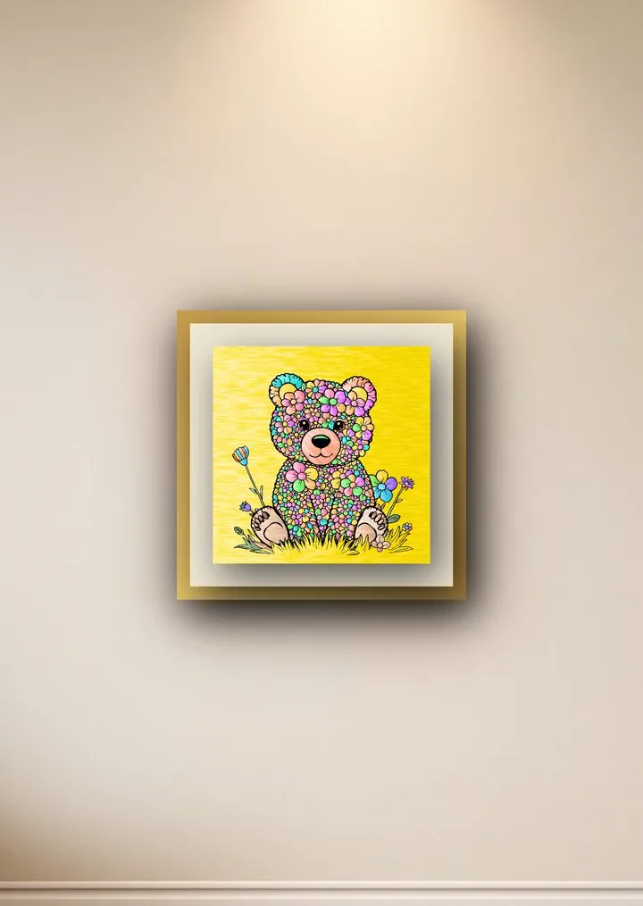 The finished bear cub in a gold frame on a softly lit wall